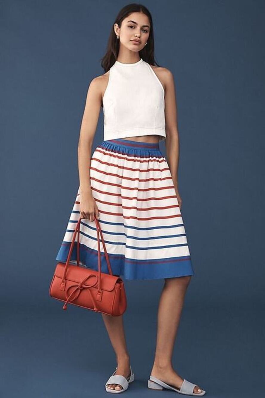 Maeve The Jackie Poplin Striped Knee Length Skirt pockets Medium white & blue